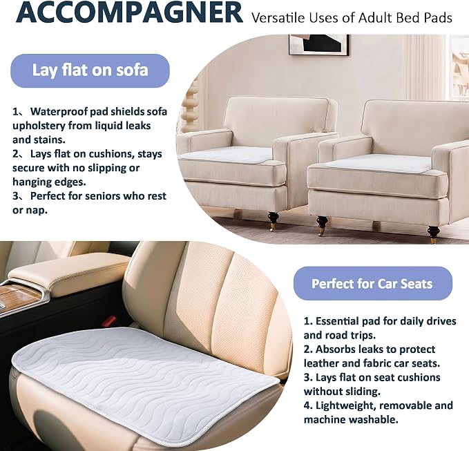 Accompagner Incontinence Bed Pads Washable Waterproof, Ultra-Absorbent Reusable Underpads for Diaper Changing, Nursing, Bedridden, Adults, Seniors, Kids and Dogs (Pearl Gray, 24"x24"(Pack of 6))