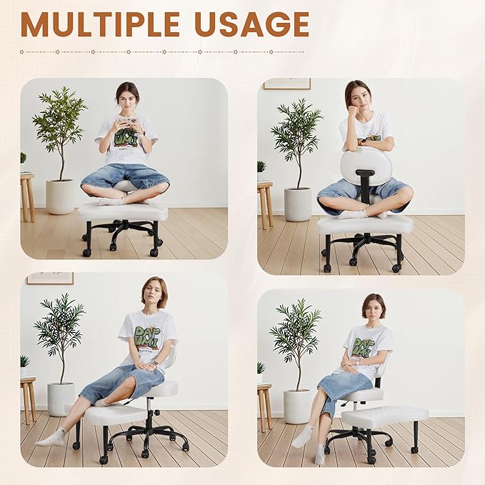 Ergonomic Cross Legged Office Chair with Wheels - Adjustable Height Kneeling Meditation Chairs for ADHD, Yoga & Desk Work - Wide Criss Cross Seat with Lumbar Support, White