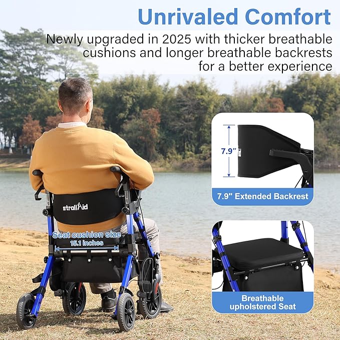 Rollator Walkers for Seniors with Seat, Walker Wheelchair Combo, 2 in 1 Rolling Walker Transport Wheelchair Lightweight Foldable, 10" Big Wheels Transport Chair with Brakes,Blue