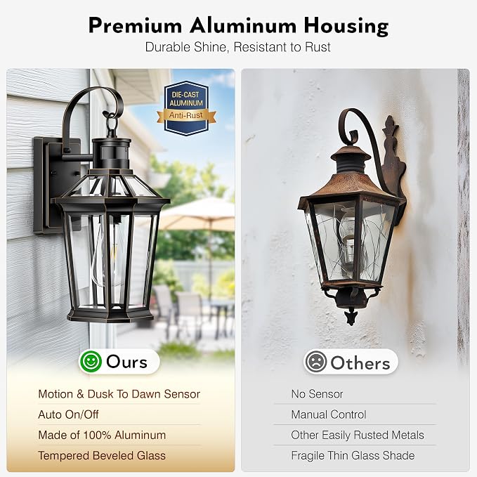 VIANIS Motion Sensor Outdoor Wall Lantern, Dusk to Dawn Outdoor Porch Light, 100% Anti-Rust Aluminum Waterproof Exterior Light Fixture, Modern Outside Wall Sconce Coach Lantern for Garage House