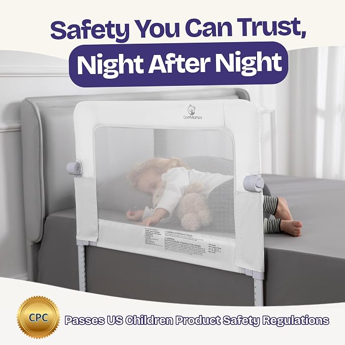 ComfyBumpy Premium Adjustable Bed Rail for Toddlers, Swing-Down Safety Guard, Height Adjusts 24.4"–32.3" H, 35.5" Regular Length, Sturdy Steel & Breathable Mesh, for Twin, Full & Queen, White, 1-Pack