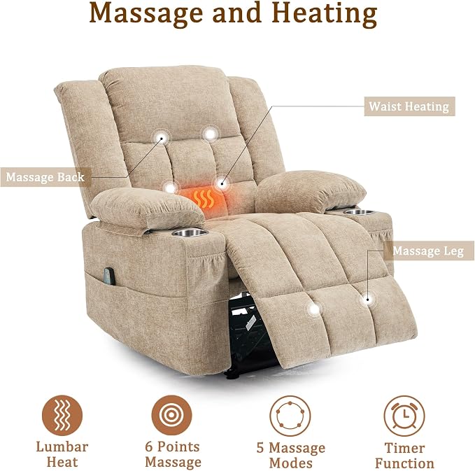 Korser Recliner Chair for Adults, Wall Hugger RV Recliner with Massage and Heating, Zero-Gravity Recliners, Electric Power Recliner Chair for Living Room, Bedroom, Home, Theater Seating (Khaki)