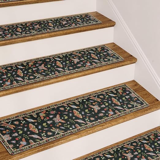 OJIA Insect Stair Treads Non Slip Stair Runners for Wooden Steps 4PC 8"x30" | Indoor Stair Runner Rubber Carpet Stair Treads for Wood Stairs Staircase Step Treads for Kids & Dogs, Stair Covers, Black