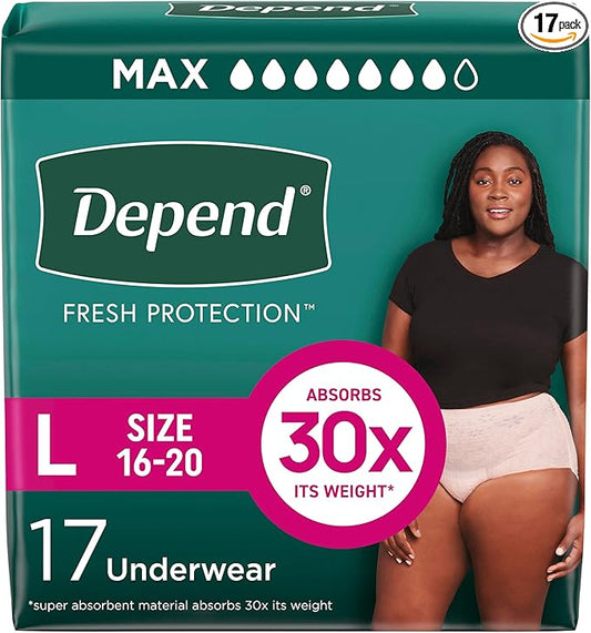 Depend Fresh Protection Adult Diapers, Incontinence & Postpartum Bladder Leak Underwear for Women, Disposable, Maximum, Large, Blush, 17 Count, Packaging May Vary