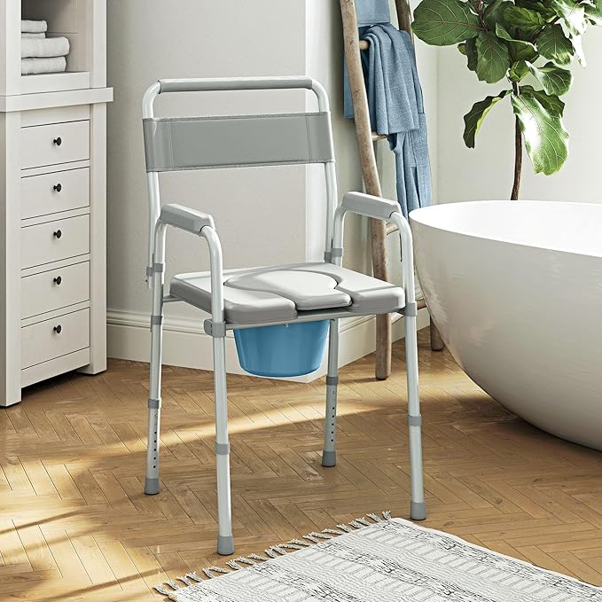HOMCOM 4 in 1 Bedside Commode Shower Chair Portable Toilet Raised Toilet Seat with Handle for Seniors, Adults, Handicap, Adjustable Height, Gray