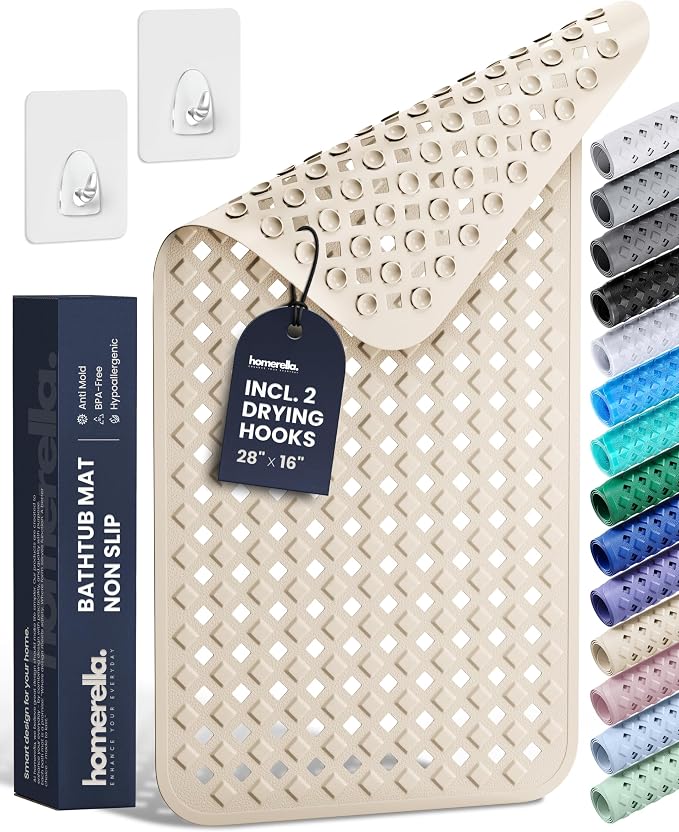 Bathtub Mat Non Slip 28x16 - homerella® Bath Mat Incl. Hooks for Drying, 100% BPA Free, Shower Mat Non Slip Anti Mold, Machine Washable, Shower Mats for Inside Shower Mildew Resistant (Sand)