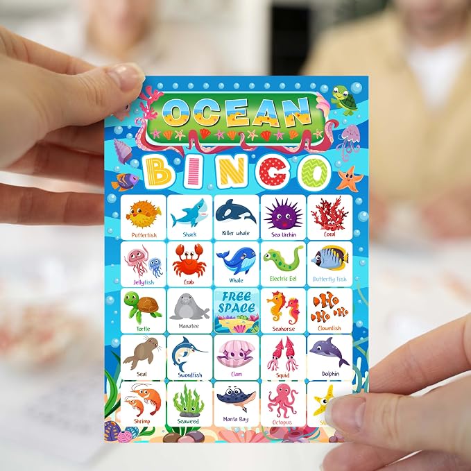 Ocean Bingo Game Cards, Ocean Animals Bingo Games for Adults, Under The Sea Bingo Cards Supplies, Underwater Birthday Party Decor Favors, Card Gifts for Friends Family Holiday, (Ocean)