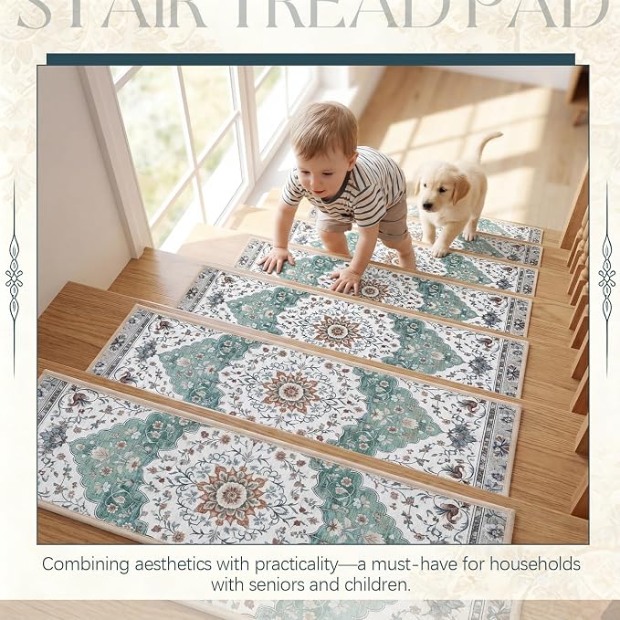Dunzy 15 Pcs Non-slip Stair Treads for Wooden Steps 30x8 Inch, Peel and Stick Chenille Carpet Treads, Vintage Floral Medallion Print Stair Rug, Residue-free Adhesive, Machine Washable for Seniors Pets