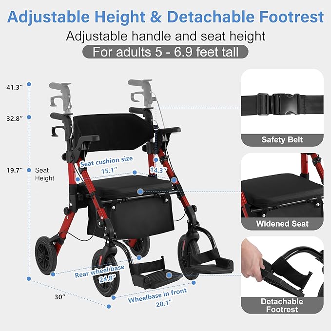 Rollator Walkers for Seniors with Seat, Walker Wheelchair Combo, 2 in 1 Rolling Walker Transport Wheelchair Lightweight Foldable, 10" Big Wheels Transport Chair with Brakes,Red