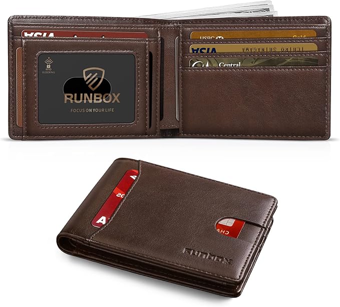 RUNBOX Wallet for Men, Slim Leather Bifold, RFID Blocking Card Holder | Minimalist Front Pocket Design, Credit Card Organizer, Holds 11 Cards, Large Capacity, Thin Profile, Birthday Gifts for Men