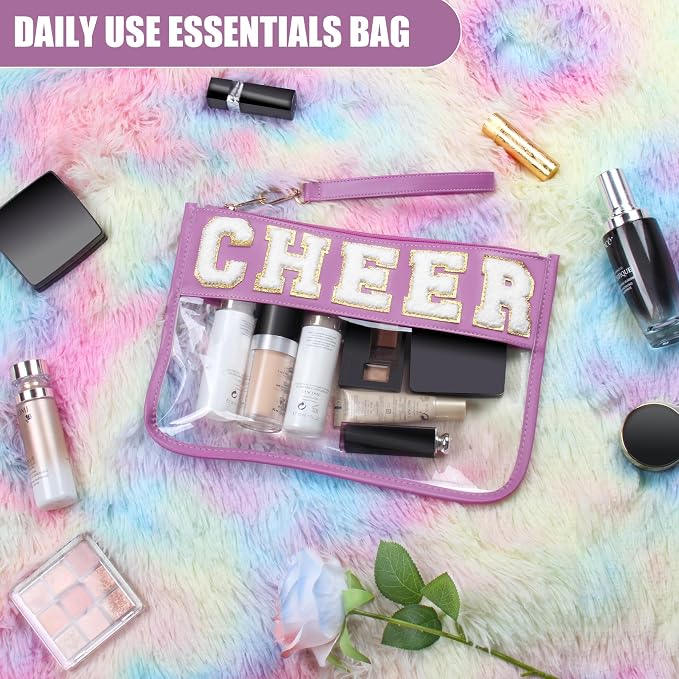 BuyCard Cheer Chenille Letter Bags Clear Makeup Bag, Cheerleader Gift Cosmetic Bag, Varsity Preppy Patch Flat Pouch Cheer Accessories, Waterproof PVC Organizer Toiletry Bag for Women Girls Purple