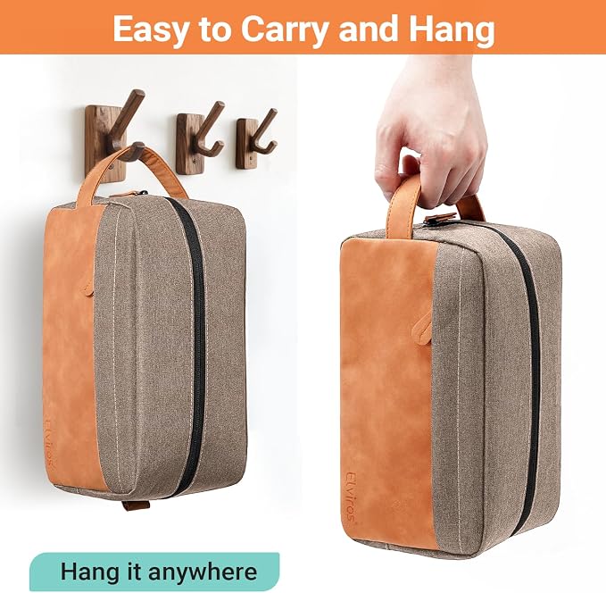 Elviros Travel Toiletry Bag for Men, Hanging Toiletries Bag Water Repellent Dopp Kit PU Leather Travel Bag for Toiletries Accessories, Khaki