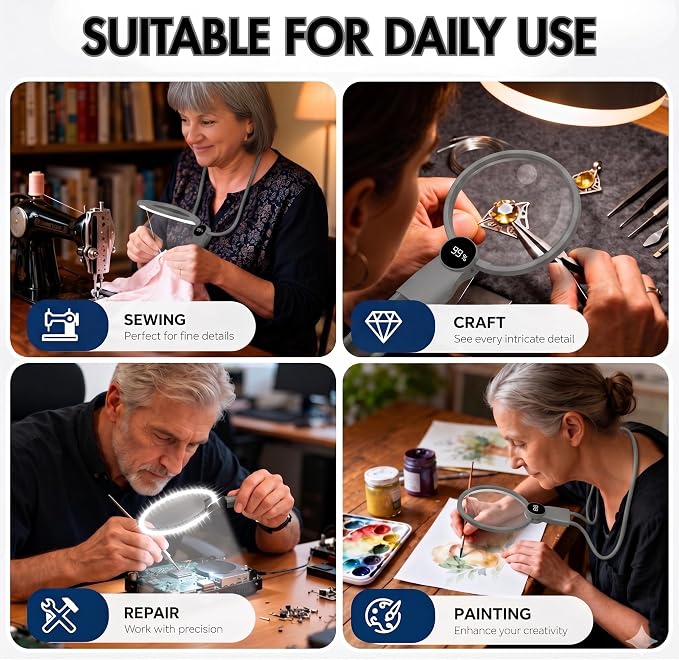 MAGNIPROS Hands-Free Magnifying Glass with Light for Seniors, 5X/10X Rechargeable GooseNeck Magnifier, 3 Color Light Modes, LCD Display, Reading, Sewing, Crafts