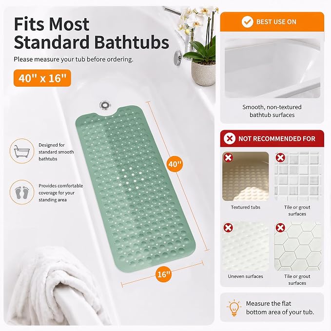 Yimobra Non Slip Bathtub Mat 40 x 16 Inch, Extra Long Shower Mat with Drain Holes, Machine Washable Baby Bath Mats, Strong Suction Cups for Bathroom Floor, Green