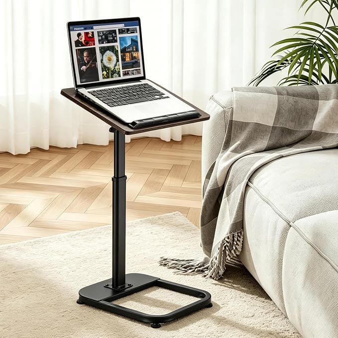 facka Adjustable Height TV Tray Table for Couch Eating, Laptop Small Spaces | C Shaped Flip-Top Couch Table, 9-Level 20-31 in Height Range, Rounded Corners, Sofa Side Table Brown