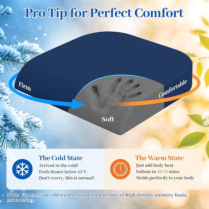 TranquilRelax 2XL Memory Foam Seat Cushion for Office Chair, 3.7-Inch, Blue | Medium-firm Support for Long Sitting, Washable Mesh Cover, Non-slip Base, Perfect for Car Seats & Short Drivers