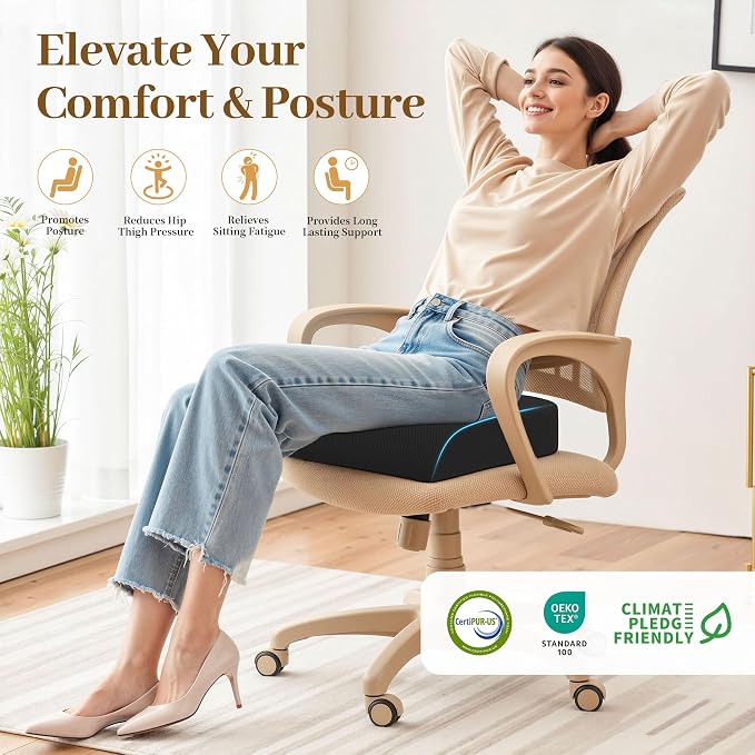 TranquilRelax Memory Foam Seat Cushion for Office Chair, 3-Inch, Black | Medium-firm Support for Long Sitting, Washable Mesh Cover, Non-slip Base, Perfect for Car Seats & Short Drivers