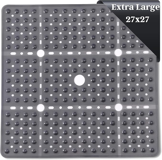 ENKOSI Square Shower Mat 27x27 inch - Large Anti Slip Shower Floor Mat - Non Slip Bathroom Shower Stall Mats with Strong Secure Suction Cups and Drain Holes in Middle (Charcoal 27x27)