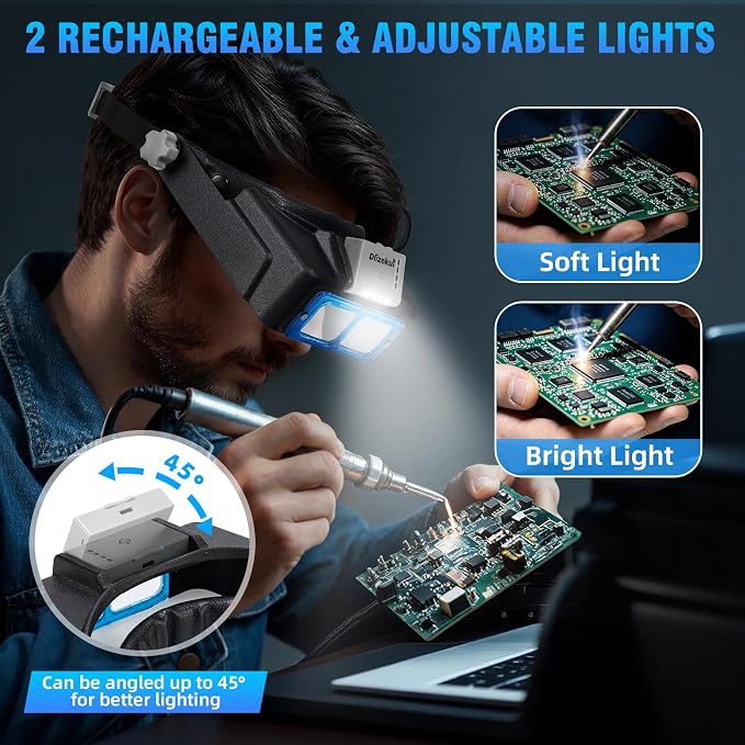 Dilzekui Rechargeable Magnifying Glasses for Close Work 1.5X to 3.5X Lenses | with Adjustable Light, Opitcal Arylic Lens, Lightweight Magnify Headset, Handsfree Head Magnifier for Jewelers Hobbies Crafts