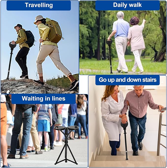 Walking Cane with Seat Adjustable Height ‎34.2"-37.4" Capacity 550lbs Folding Cane Chair for Adults, Portable Seats for Seniors, Easy Carry Stick for Hiking Traveling Camping-Black