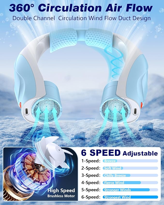 Portable Neck Fan - 6000mAh Rechargeable Personal Fan with 6 Speeds, 360° Cooling Surround Airflow, 20H Long Battery Life Hands-Free Wearable Fan for Outdoor Travel, Office, and Sports