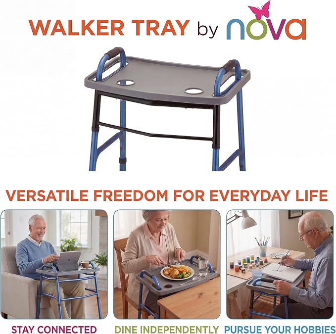 NOVA Walker Tray Table with Spill-Proof Raised Edges and Two Cup Holders and for Seniors, Standard Folding Walker Accessory, 16 x 23 Inch