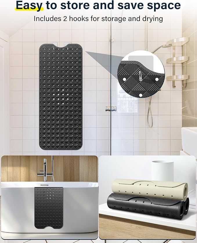 Non Slip Bathtub Mat for Tub & Shower, Machine Washable 40"x16" Anti Slip Bath Mat with 2 Hooks, Soft & Comfortable and Extra Largefor Families, Black