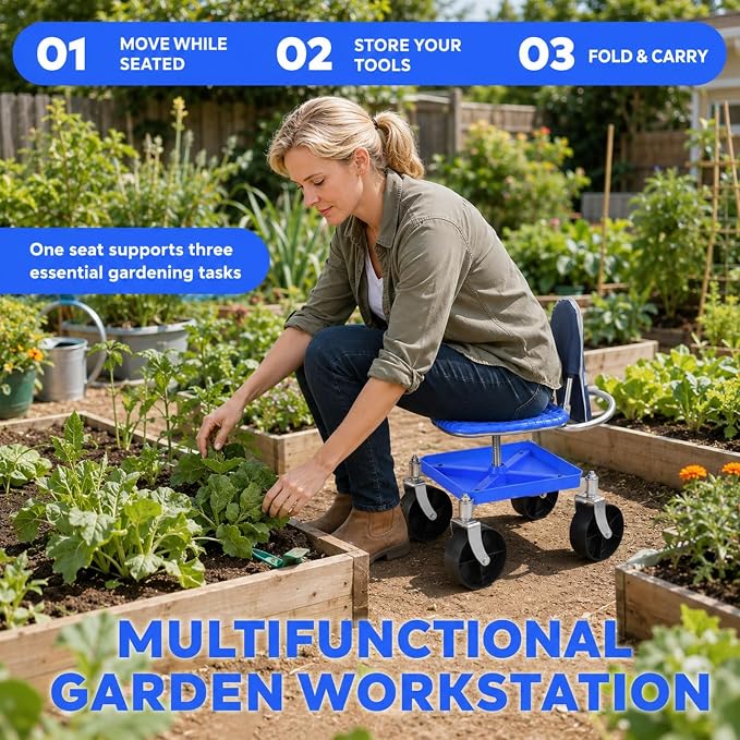Rolling Garden Seat with Wheels, Adjustable Garden Scooter Stool with Backrest,Garden Cart with Tool Storage Tray & Backpack, Gardening Work Seat for Weeding, Planting, Yard Work (with Wrench)