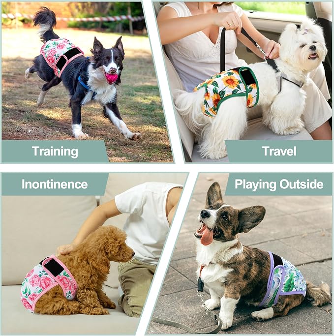 Washable Female Dog Diapers - Premium Reusable Diapers for Doggie in Heat - Highly Absorbent Dog Diapers Female for Pet Incontinence with Adjustable Snaps Sunflower, M