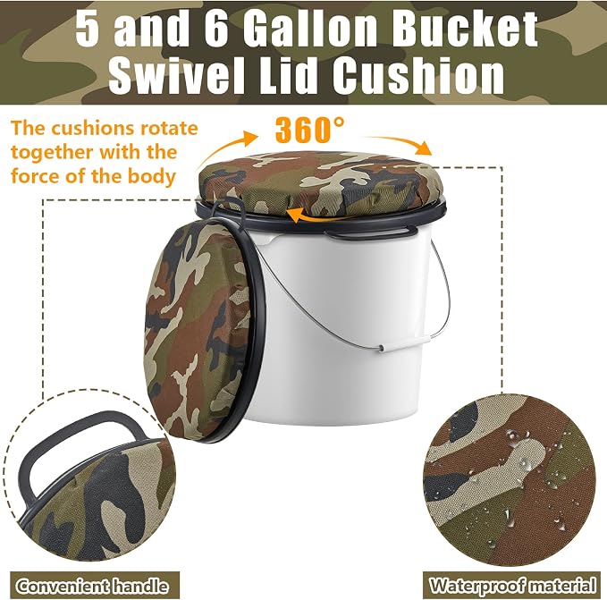 Lewtemi 2 Pcs 5 Gallon Bucket Seats 360 Degree Swivel Bucket Seat Lid Green Camo Padded Cushion Waterproof Cover for Dove Duck Hunting Fishing Baseball Softball Gardening Camping Outdoor Gear