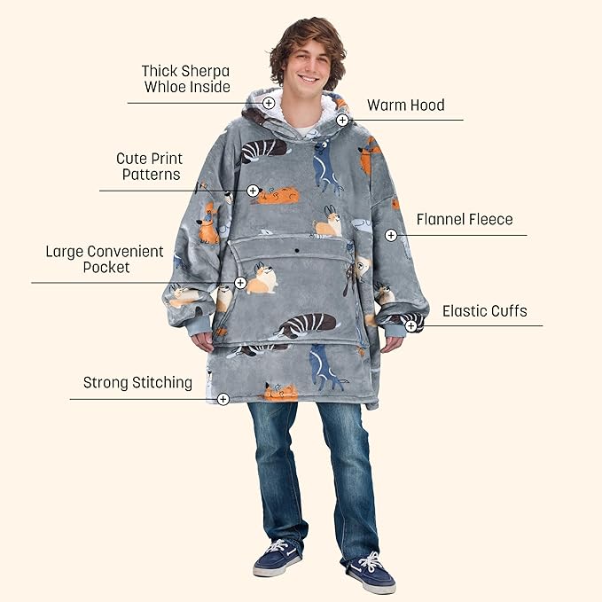 Catalonia Oversized Blanket Hoodie Sweatshirt, Wearable Sherpa Lounging Pullover for Adults Women Men