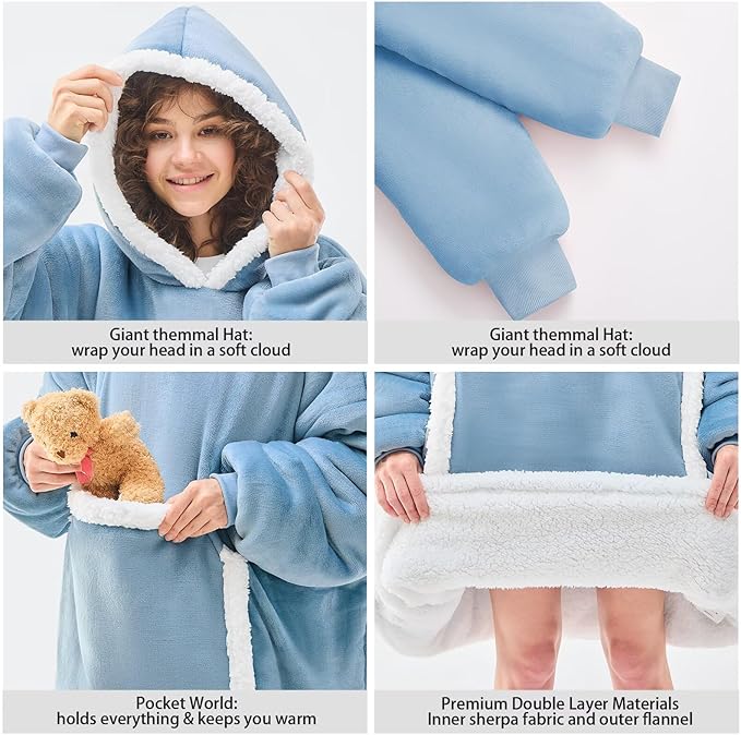 JOYWOO Wearable Blanket Hoodie,Oversized Cat Lovers Sweatshirt Blanket for Adult, Birthday Gifts for Women,Mom,Friend,Cozy Sherpa Hooded Blanket with Giant Pocket and Winter Gifts,Denim blue Standard