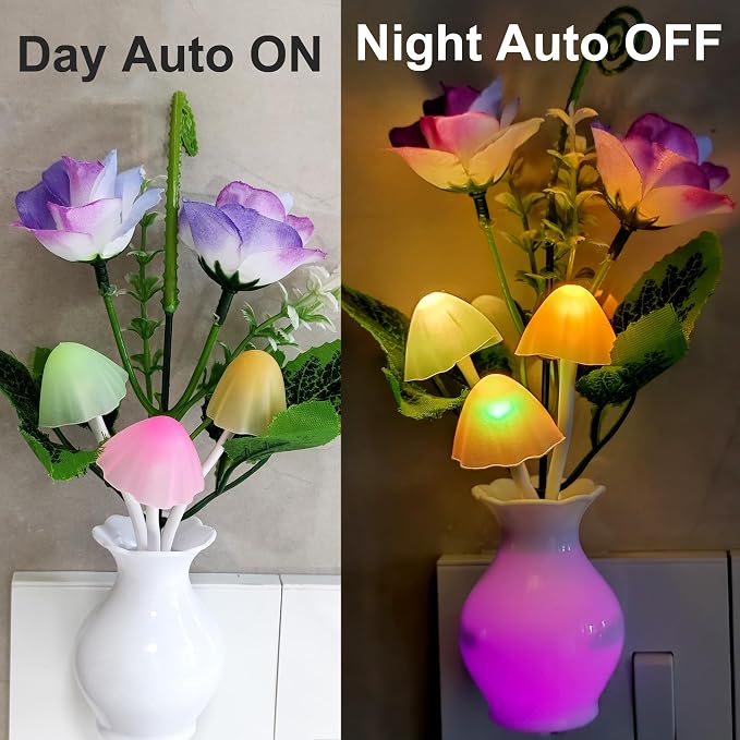 AUSAYE 4 Pack Plug in LED Night Light Sensor Rose Light, Energy Saving Lamp Dream Nightlight Rose Flower Mushroom Night Lights for Kids Adults Bedroom,Bathroom,Stairs,Kitchen,Hallway