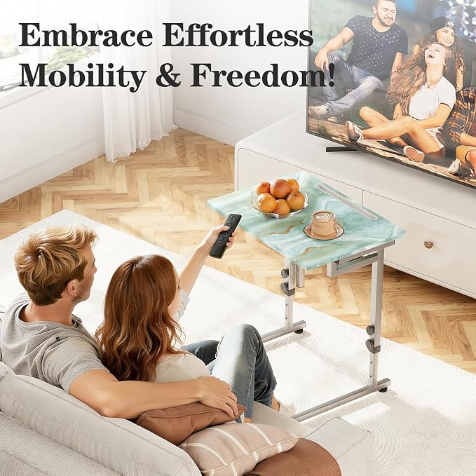 Folding Tv Tray Table,6 Height Adjustable Dinner Snack Slide Under Couch Side Table, Portable Foldable C-Shaped End Table for Eating with Sturdy MDF Top,No Assembly(Sea Blue+Silver)