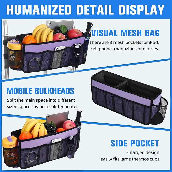 CTWWFS Upgrade Walker Basket with Cup Holder, Foldable Walker Storage Bag for seniors with Big Capacity & Never Tipping Over, Best Gift for Family (Purple)