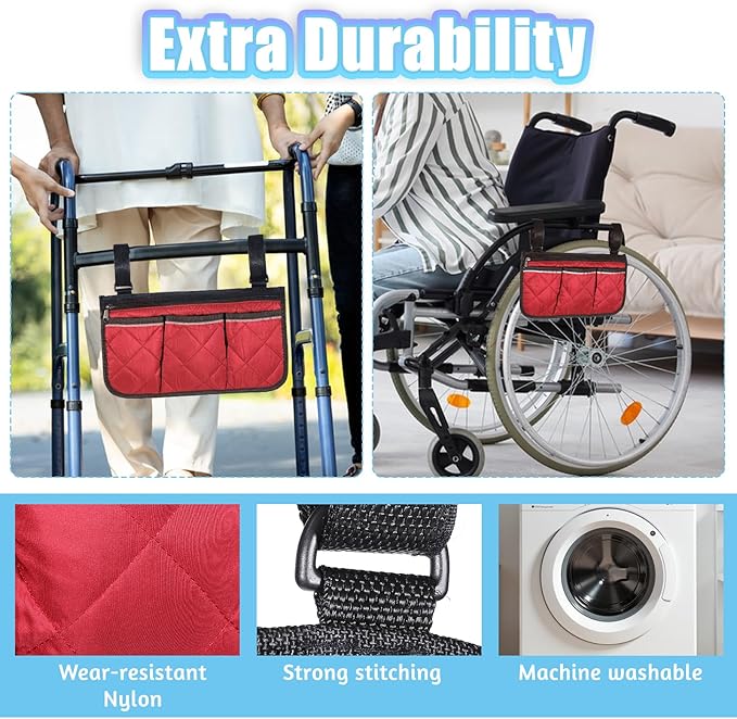 YBEATY Walker Bag Walker Storage Bag with Reflective Strips Folding Basket Wheel Chair Accessories Bags Lightweight Hand Free Storage Carrier Tote for Seniors Rollator Accessories (Wine Red)