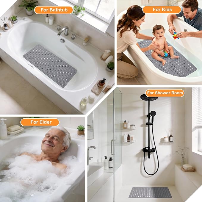 Yimobra Bath Tub Mat Non Slip, 34.5"X15.5" Long Shower Mat, Machine Washable Bathmat with Drain Holes and Suction Cups, Soft on Feet, Bathroom Essentials, Grey