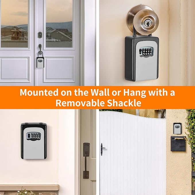 Portable Key Lock Box, Upgrade Clearly Visible Numbers, Lock Box Wall Mounted for House Key, 5 Key Capacity, Weatherproof Resettable Code (White, 4)