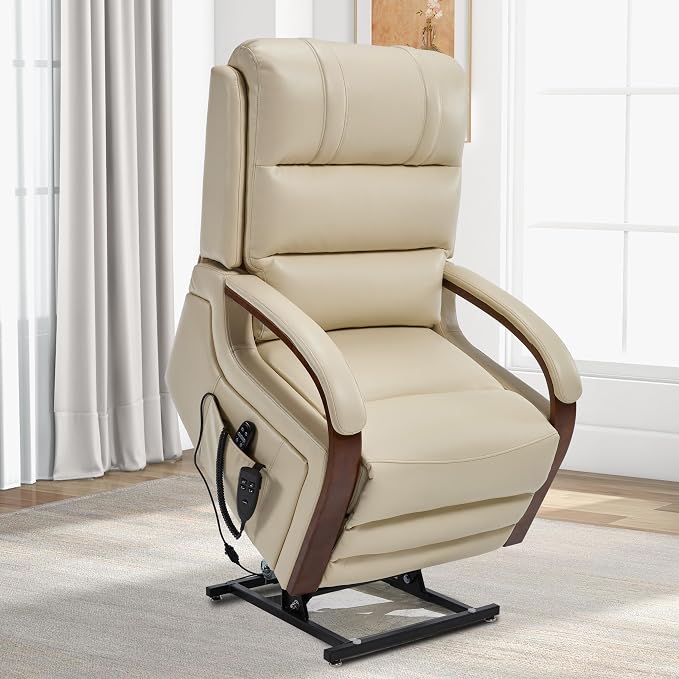 Trustyue Power Lift Recliner Chair, 180° Lay Flat Recliner, Lift Chair with Massage and Heat, Standing Assistance, Infinite Position Reclining, Living Room Chair for Elderly People(Faux Leather Beige)