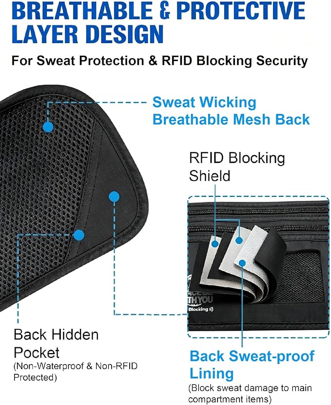 Money Belt for Travel, Passport Holder, RFID Blocking, Extender Strap | 3rd Gen Slim Waist Wallet Anti Theft to Protect Cash, Credit Cards and Document Under-Clothes for Men & Women, Black, Bamneat