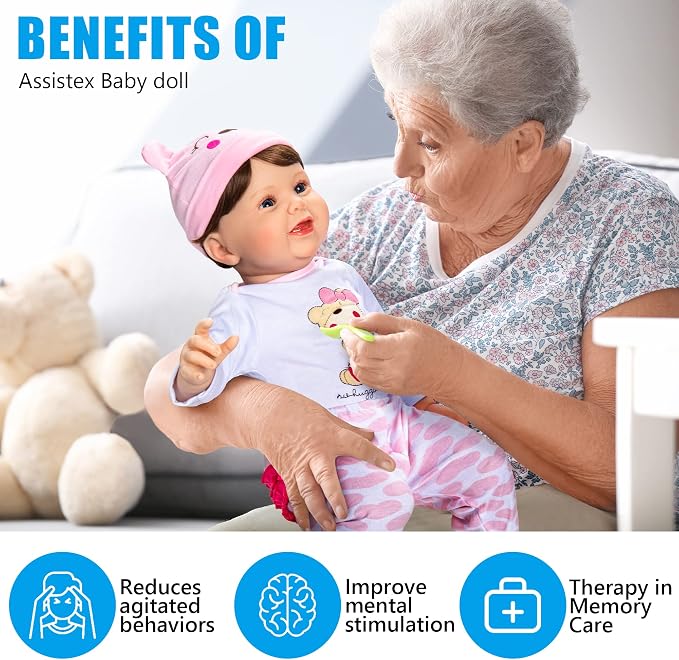 Assistex Reborn Baby Doll - 22" Lifelike Therapy Doll for Seniors with Dementia - Weighted, Soft Body, Realistic Newborn for Nursing Homes for Comfort and Relief - Gift for Elderly with Picture Book