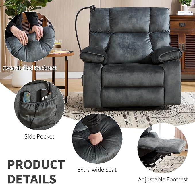 Power Lift Recliner for Elderly with Heat & Massage, Grey | Heat & Massage, Wide Electric Reclining Chair, Cup Holder, Phone Holder & Side Pockets