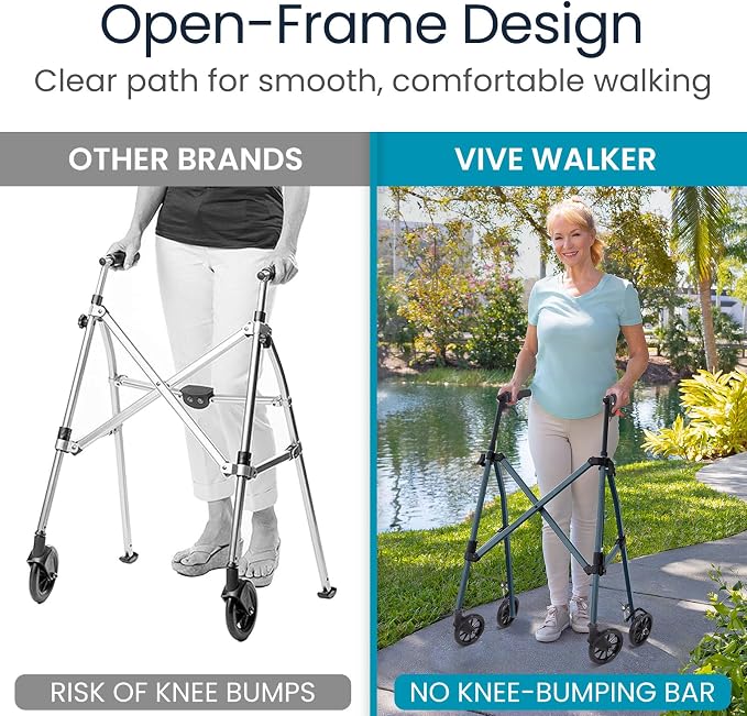 Vive Mobility Lightweight Walker for Seniors - Narrow, Folding Walker | W/Wheels for Small & Tight Spaces - Light Weight for Balance, Compact Doorways, Foldable - Portable & Collapsible for Travel
