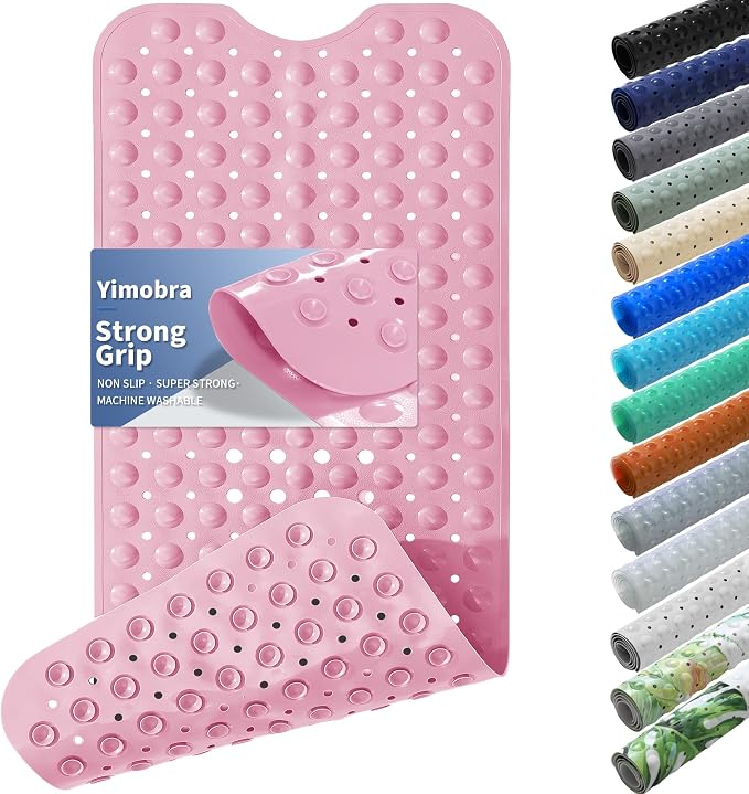 Yimobra Non Slip Bathtub Mat 40 x 16 Inch, Extra Long Shower Mat with Drain Holes, Machine Washable Baby Bath Mats, Strong Suction Cups for Bathroom Floor, Pink