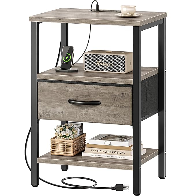 SUPERJARE Nightstand with Charging Station, USB-C Port, Bedside Table | Night Stand for Bedroom, with Adjustable Fabric Drawer, 3-Tier Storage End Table, for Living Room, Oak