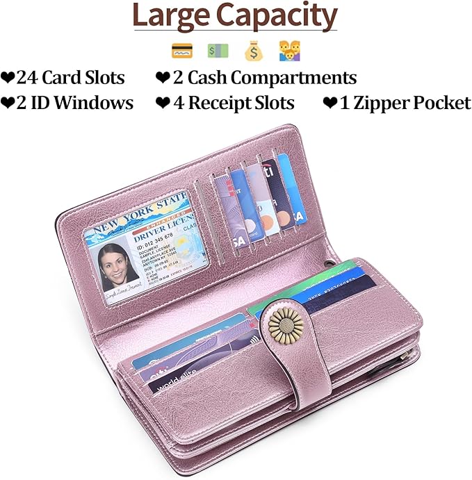 SENDEFN Wallets for Women Leather Credit Card Holder with RFID Blocking Large Capacity Wristlet | with RFID Blocking