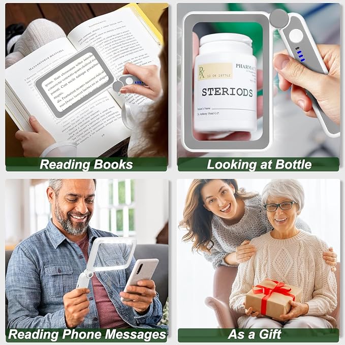 Magnifying Glass Rechargeable 5X with Light,Handheld Magnifying Glass,Close Work Reduce Eye Strain, LED Lighted Rectangle Magnifier for Reading Book Small Print for Seniors Low Vision