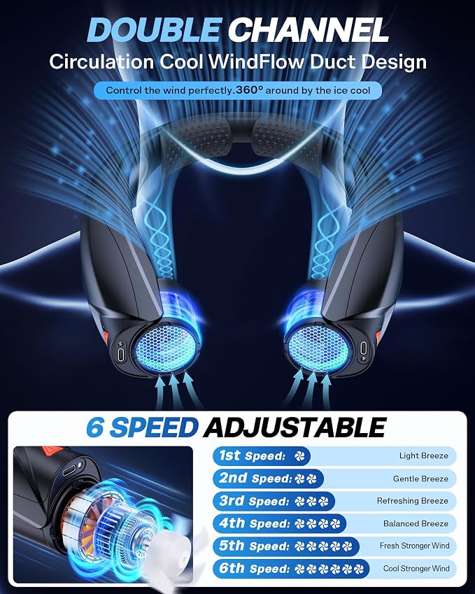 Laimiod Neck Fan - Portable Neck Fan with LED Book Light, 6-20h Long Battery Life, 6 Speeds Adjustable, USB-C Rechargeable, Hands-Free Wearable Fan, Cooling Personal Fan Gifts for Men Women Dad Mom | 6-20 Hours Long Lasting, 6 Adjustable Speeds, Type-C...