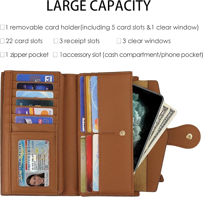 Travelambo Women's Wallet RFID Blocking Trifold Clutch Large Capacity Credit Card Holder Travel Purse