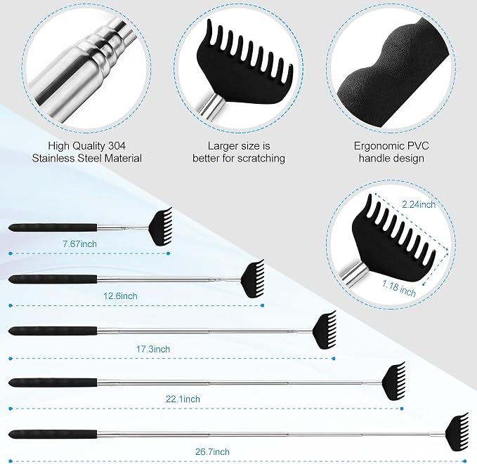3pcs Upgraded Back Scratcher Massager, Telescoping Back Massage Stocking Stuffers for Men in a box with Eagle Claw, 9-teeth Rake Claw and 15-teeth Rake Claw, Rubber Handle, White Elephant Gifts